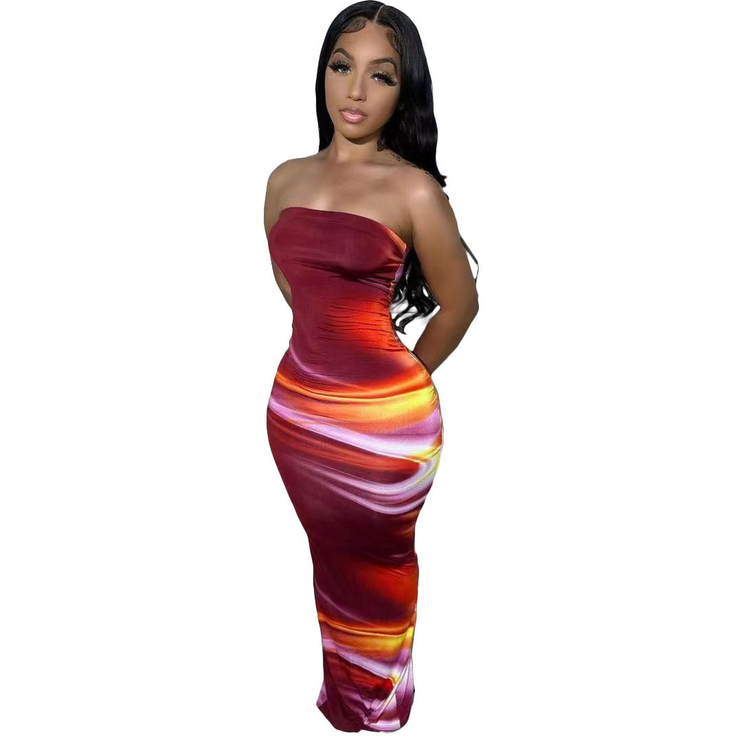 Women's Summer Sexy Off Shoulder Strapless Positioning Print Slit Dress 7