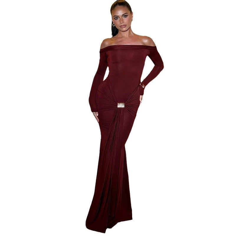 Women Autumn and Winter Off Shoulder Solid Long Sleeve Bodycon Dress 7