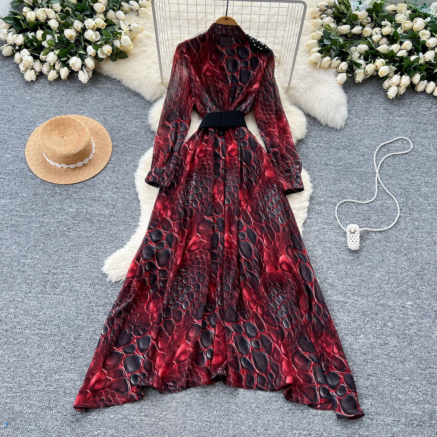 Fashionable Women's Beaded Sequin Embroidery V neck Slim Waist Long Sleeve Leopard Print Elegant Long Dress 5
