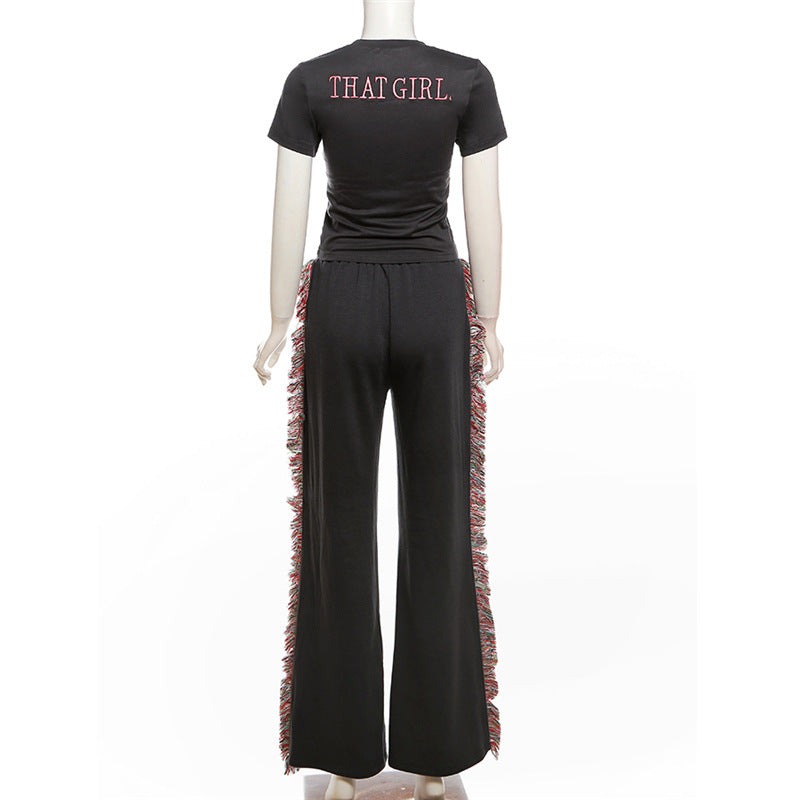 Women Round Neck Embroidered Short Sleeve T-Shirt And Tassel Pant Two Piece Set 7