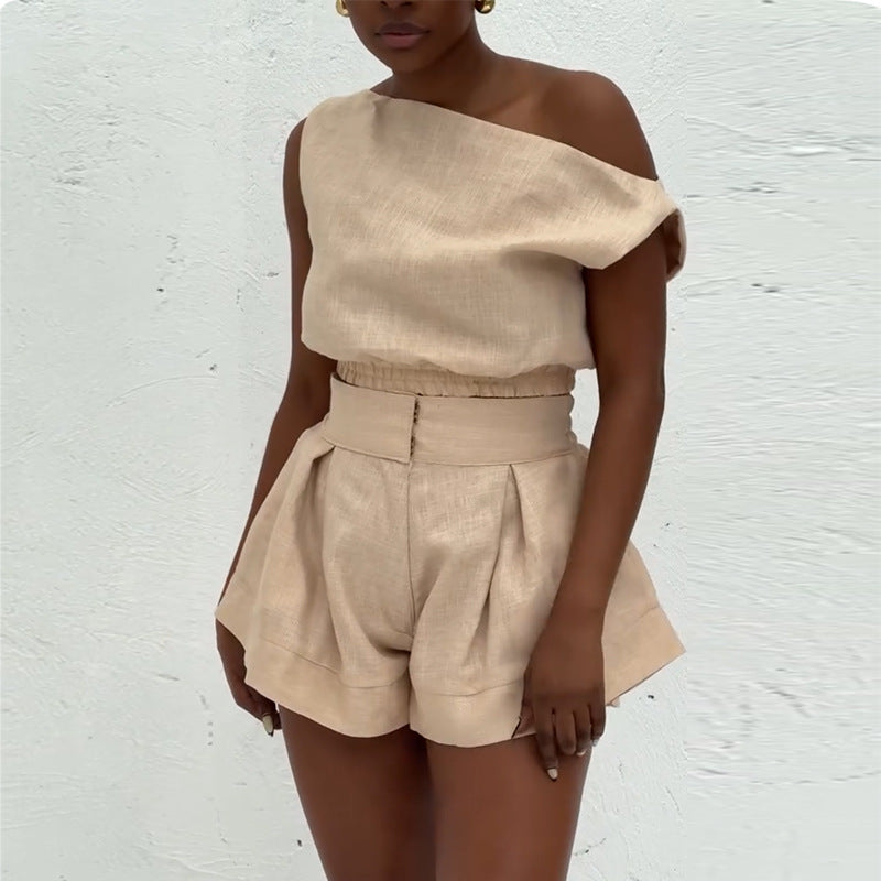 Women Summer Off Shoulder Shirt and Shorts Two-Piece Set 3