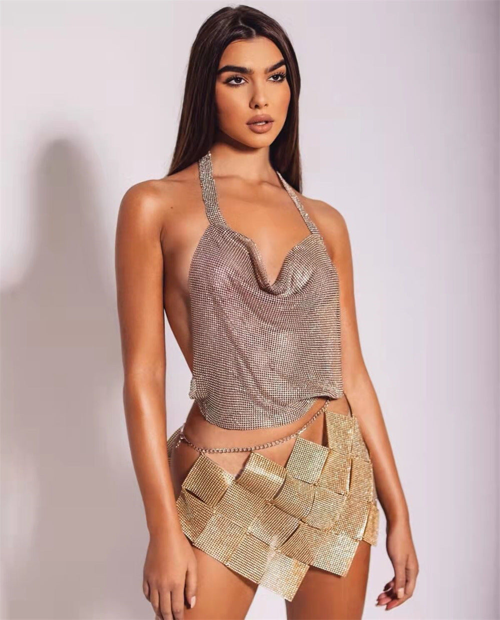 Women's Nightclub Style Sexy Diamond Sequin Checkered Two Piece Skirt Set 5