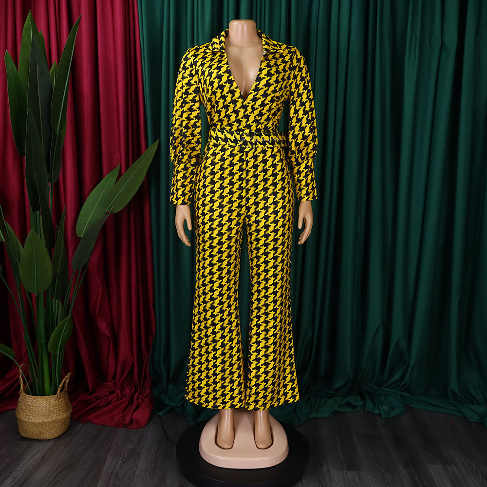 Women's Autumn and Winter V-neck Puff Sleeve Slim Waist Printed Wide Leg Plus Size African Jumpsuit 11