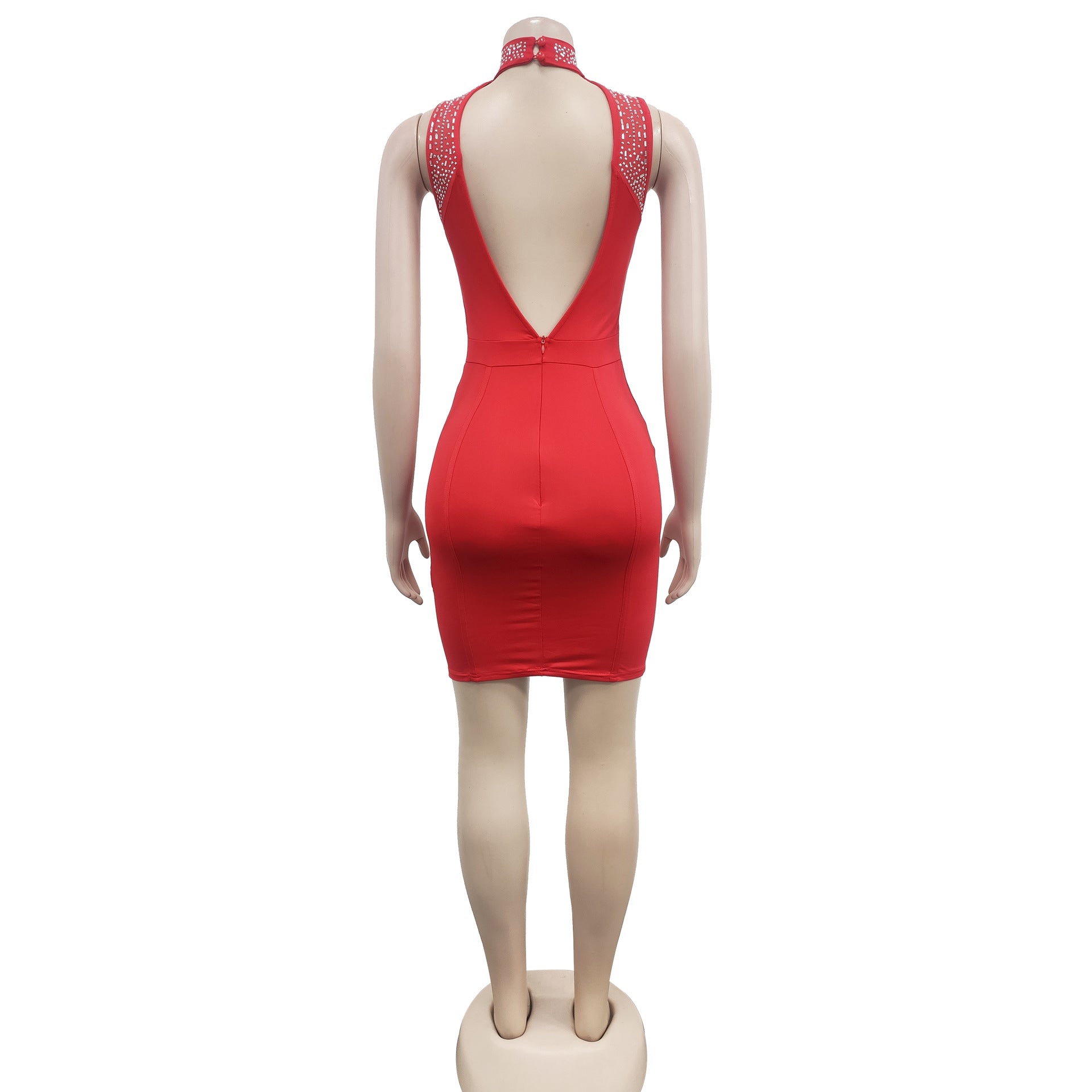 Women'S Fashion Solid Beaded Mesh See-Through Sleeveless Backless Club Bodycon Dress 20
