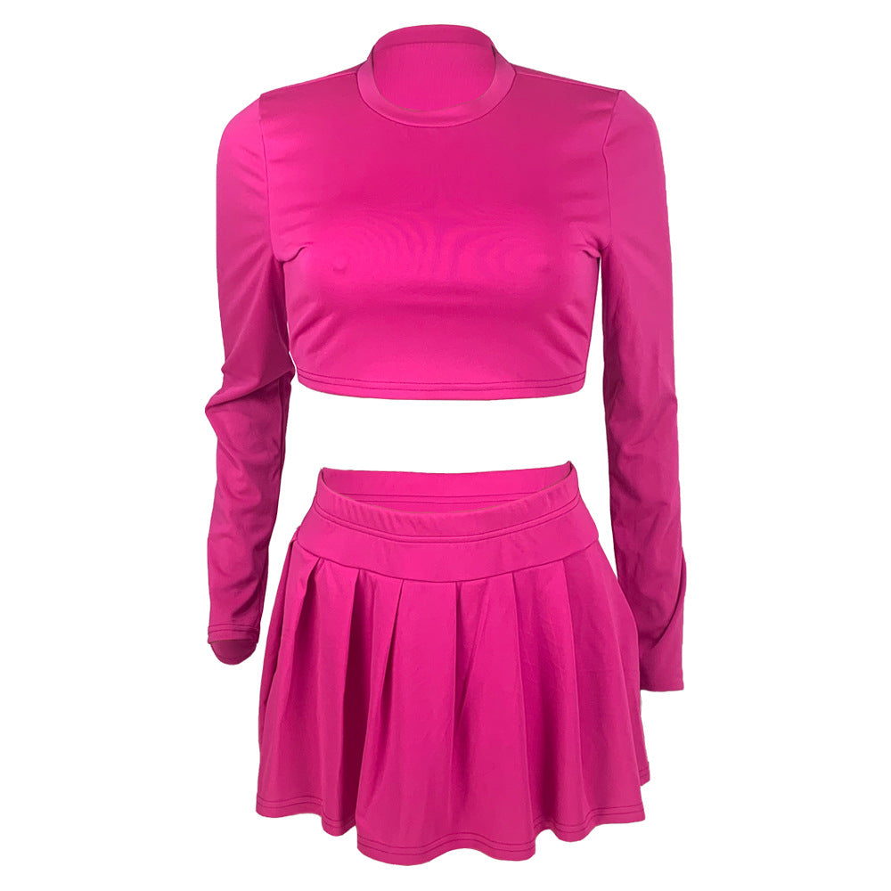 Women's fashion solid color Round Neck Crop slim long-sleeved top pleated short skirt two-piece set 12