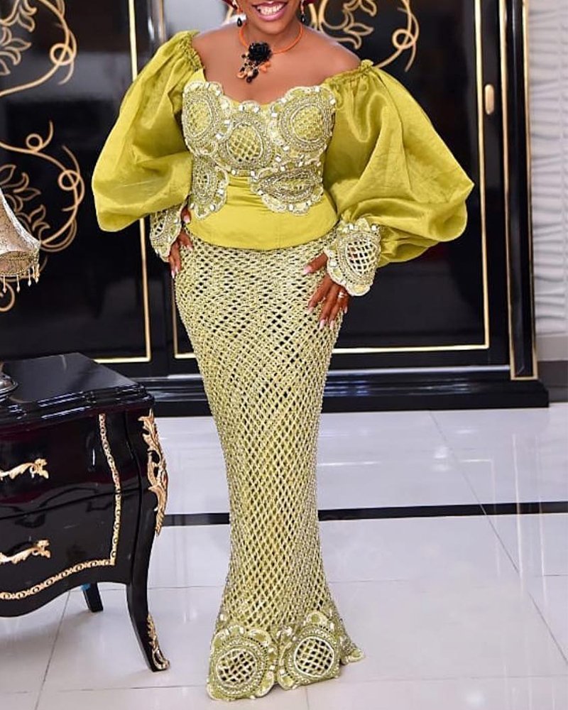 Women Lace embroidered puff sleeve Off Shoulder yellow dress