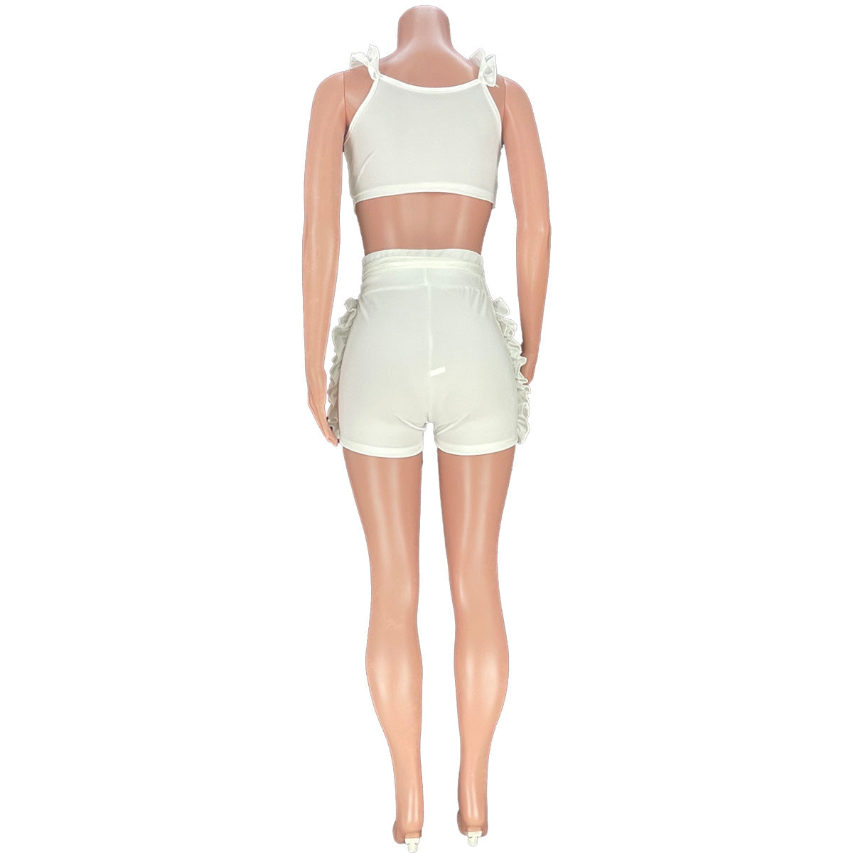 Summer Sexy Women's Ruffled V Low-Back Solid Color Vest Shorts Two Piece Set 22