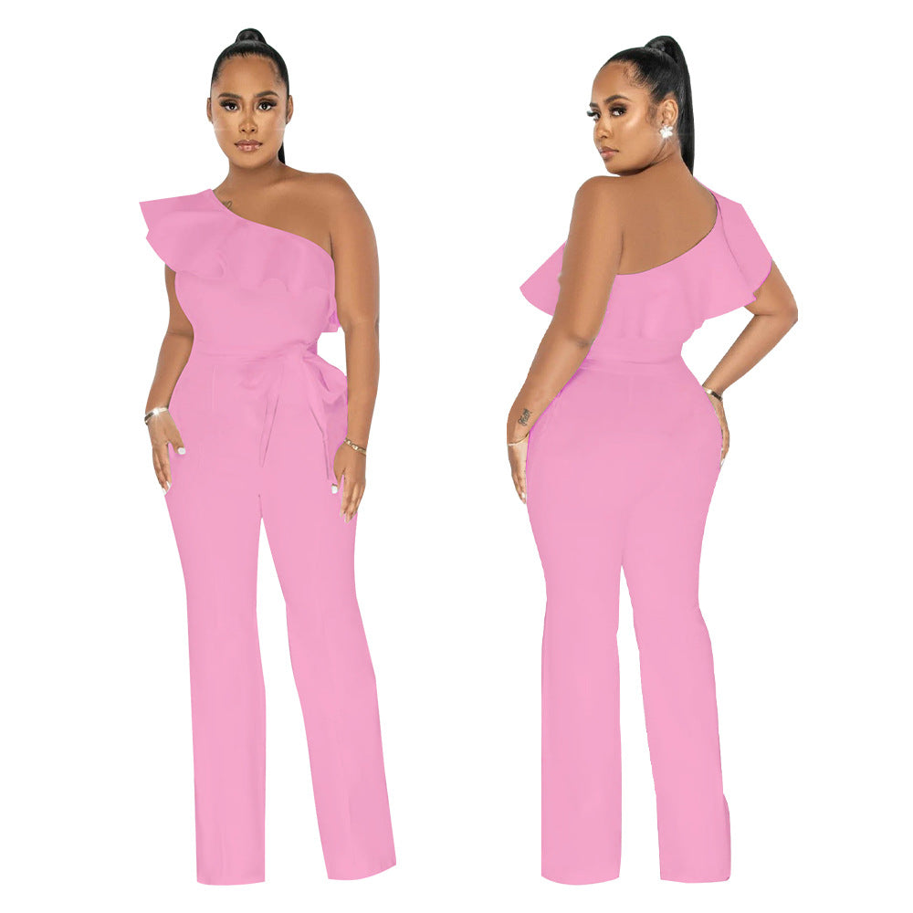Women Solid Ruffle Jumpsuit with Belt 8