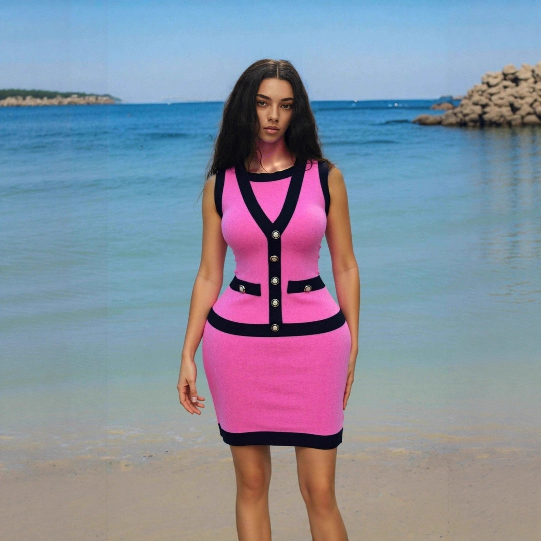 Women elegant button-down colorblock sleeveless single-breasted knitting dress 4