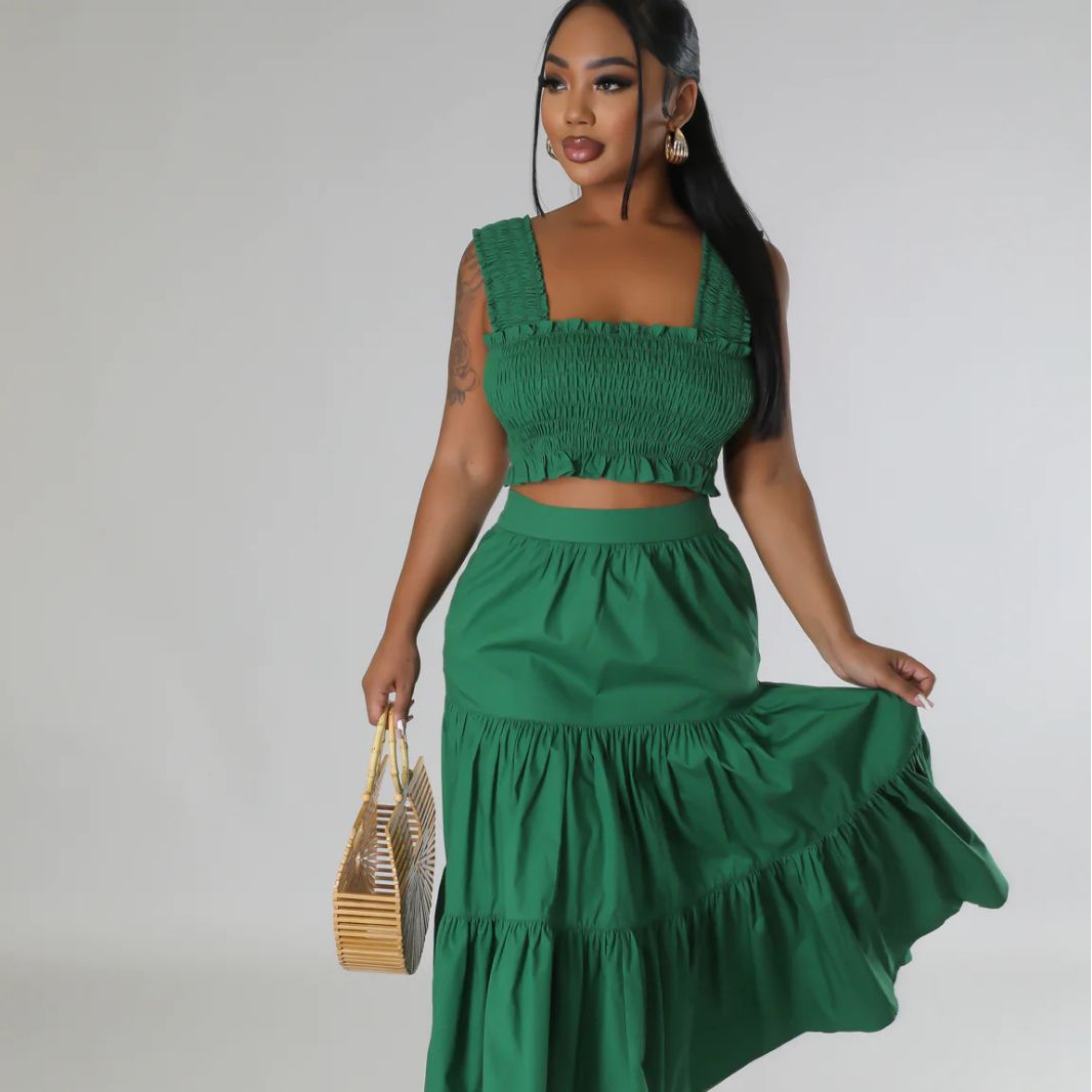 Summer Sexy Suspenders Two-piece Pleated Strapless Top High Waist Trendy Sexy Swing Skirt Set 6