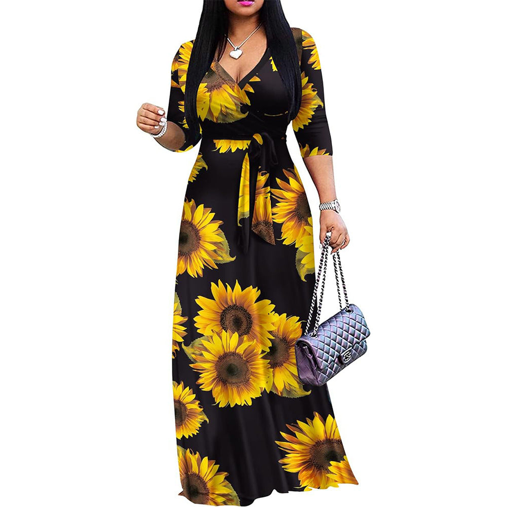 Women Flower Tie-dye Sexy V-neck Half-Sleeve Maxi Dress 5