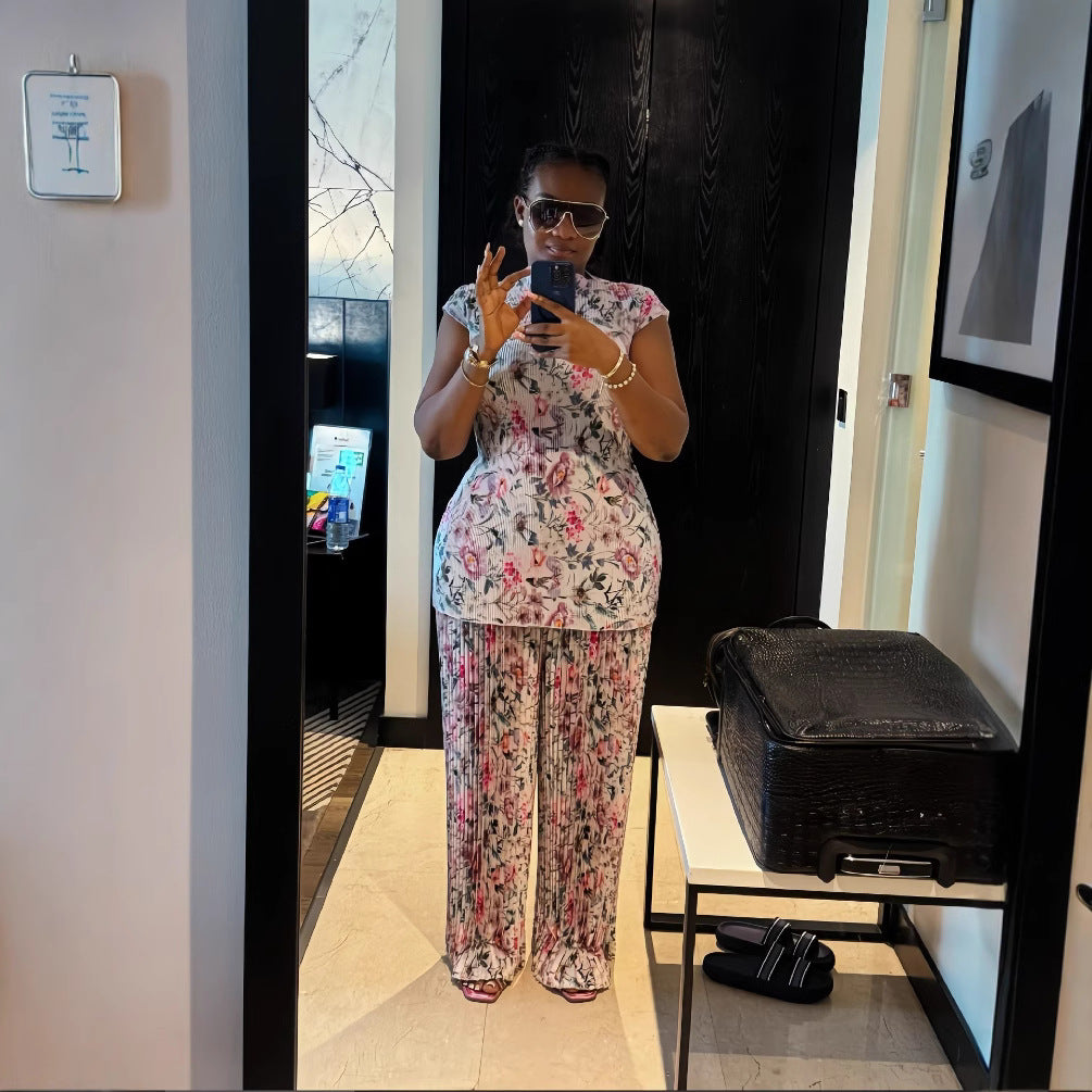 Women's Spring Pleated Round Neck Flying Sleeve Fashion Print Top Wide-Leg Pants Two-Piece Set 5