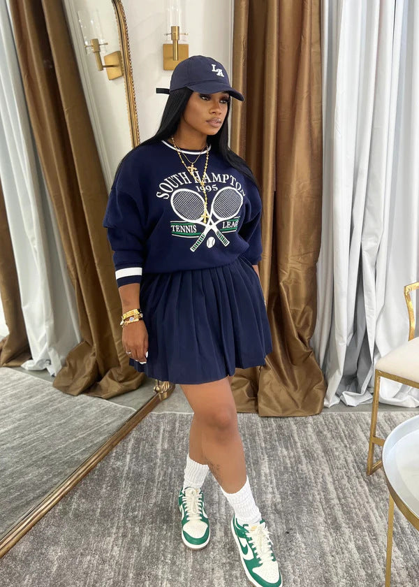 Women printed long sleeve top pleated skirt two-piece set