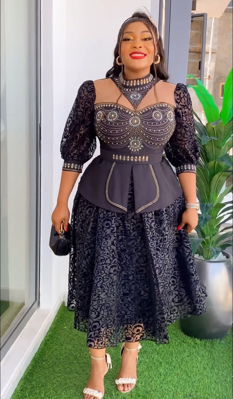Plus Size Women African Beaded Lace Patchwork Dress 5