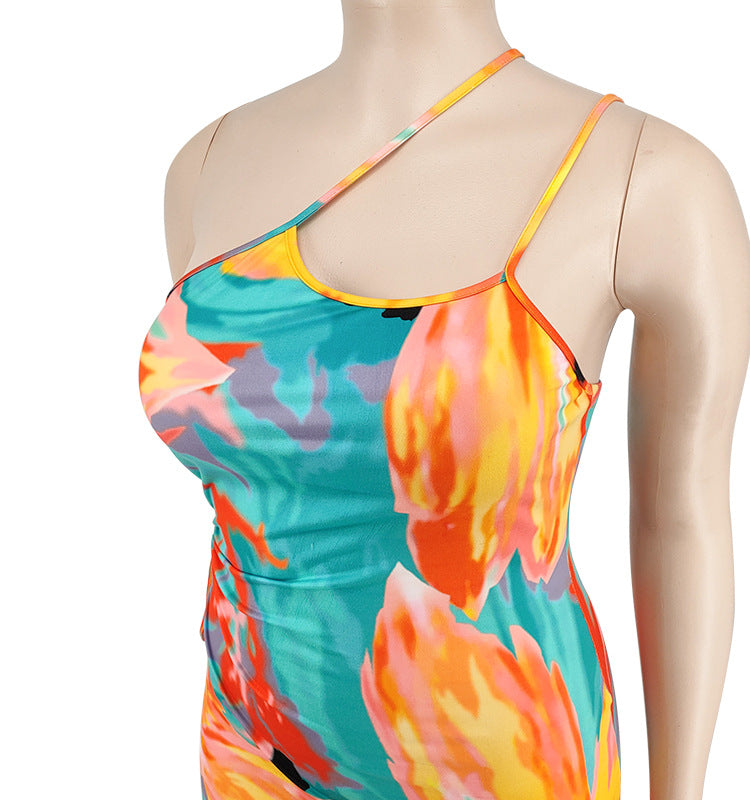 Plus Size Women's Summer Sexy Printed Strap Low Back Slim Dress 15