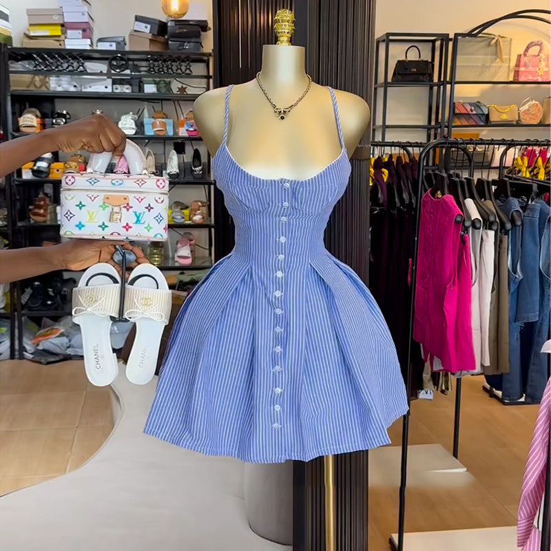 Women's Summer Chic Blue Striped Straps A-Line Dress
