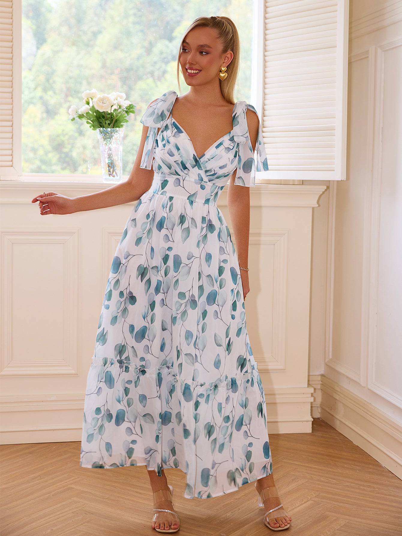 Women printed lace-up v-neck dress