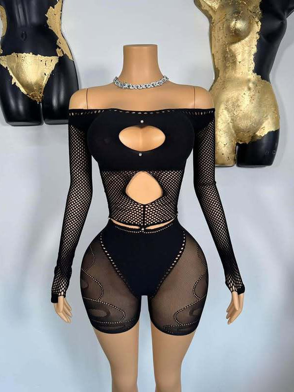 Women Sexy Hollow Off Shoulder Long Sleeve Top and Shorts Set 4