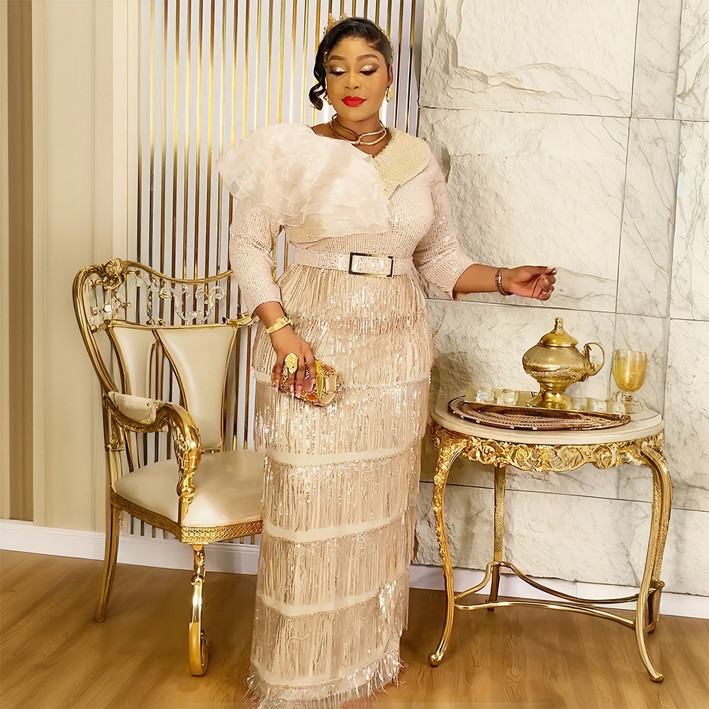 Plus-size African Women sexy tassel sequin dress 3