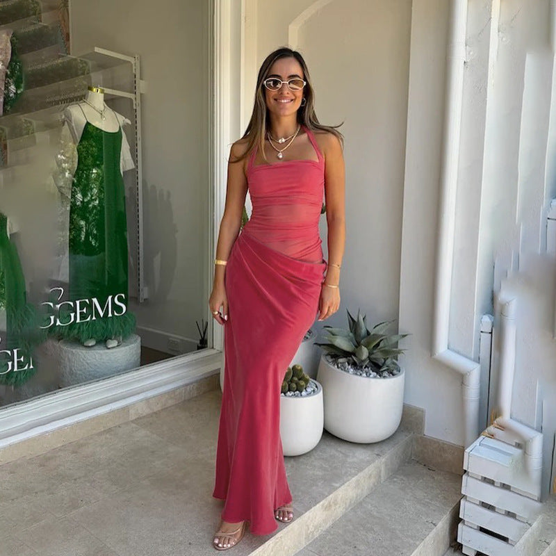 Women summer backless halter neck mesh see-through dress 3