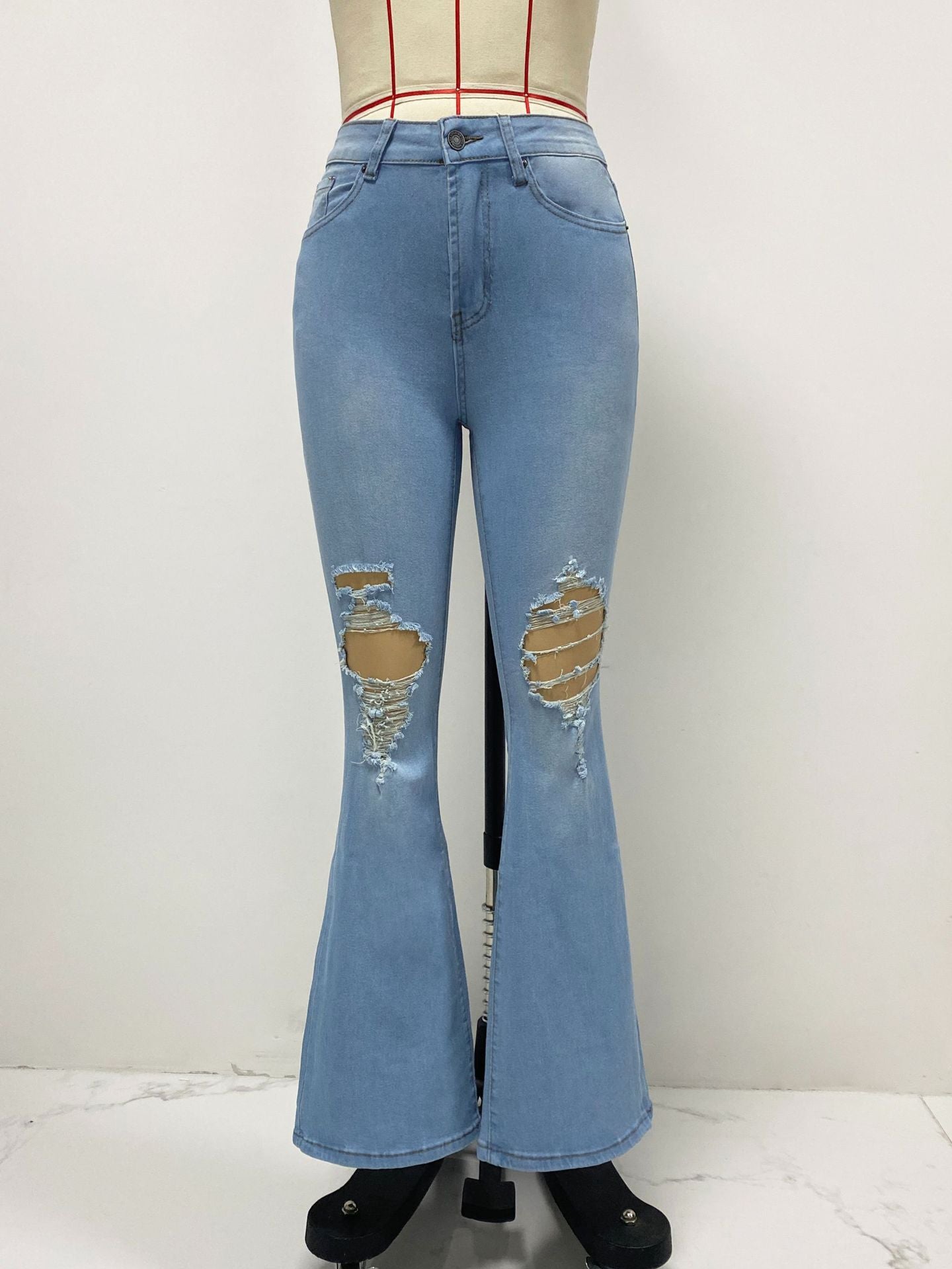 Women Spring/Summer Ripped Denim Bell Bottom Pants 6