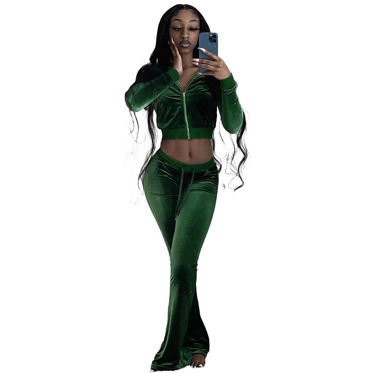 Women's Solid Color Velvet Long Sleeve Sexy Zipper Crop Top Pants Casual Sports Two Piece Set