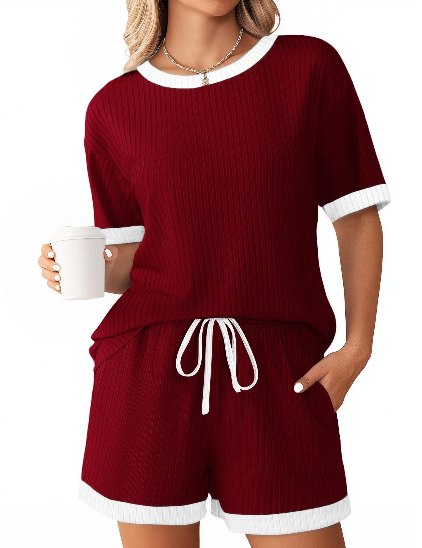 Women's summer Ribbed color matching pajamas short sleeve home clothes Shorts Set 8