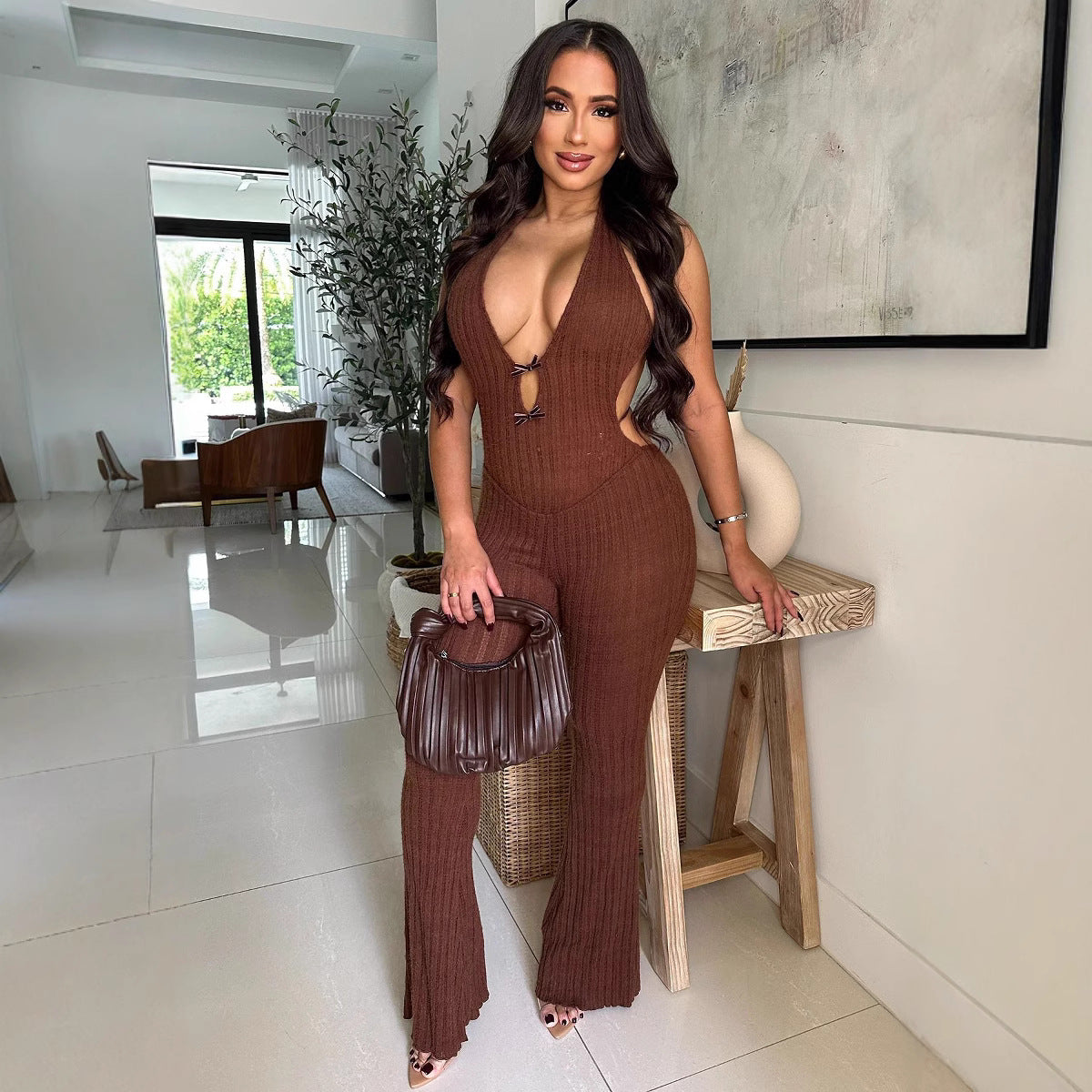 Women's Halter Neck Low Back Flare Jumpsuit 6