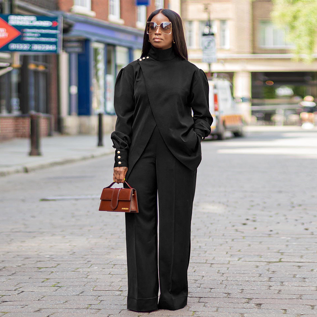 Women Turtleneck Irregular Slit Long Sleeves Top and Pant Casual Two-Piece Set 6