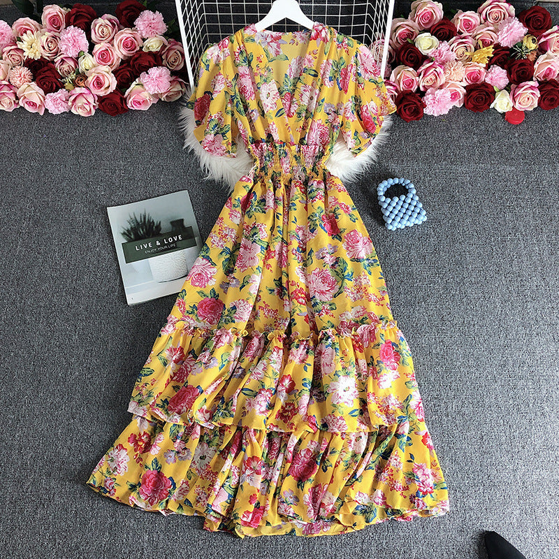 Floral V-Neck Ruffled High-Waist Slim Fit Print Maxi Dress 4