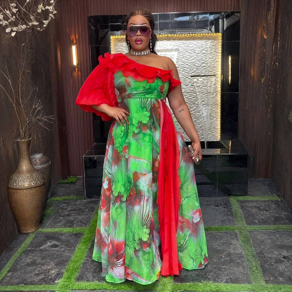 Plus-size African print off-shoulder spring/summer chiffon dress 4