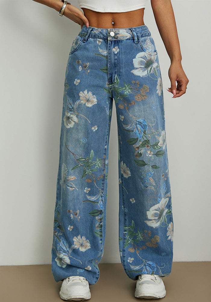 Street fashion printed loose straight wide leg denim trousers