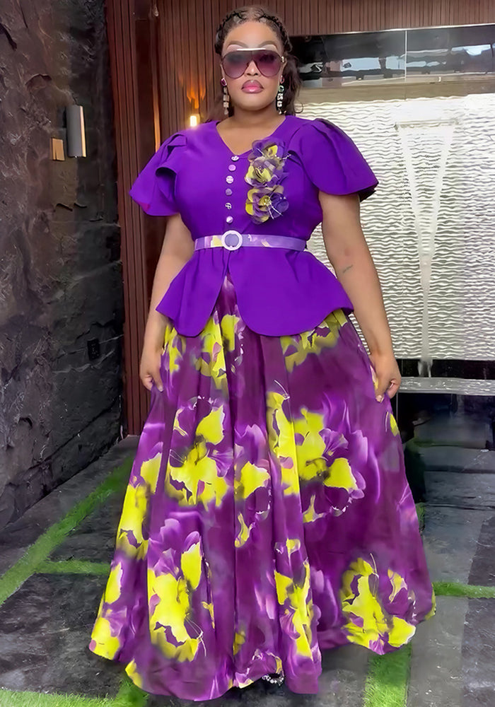 Print Button A-Line Plus Size Dress