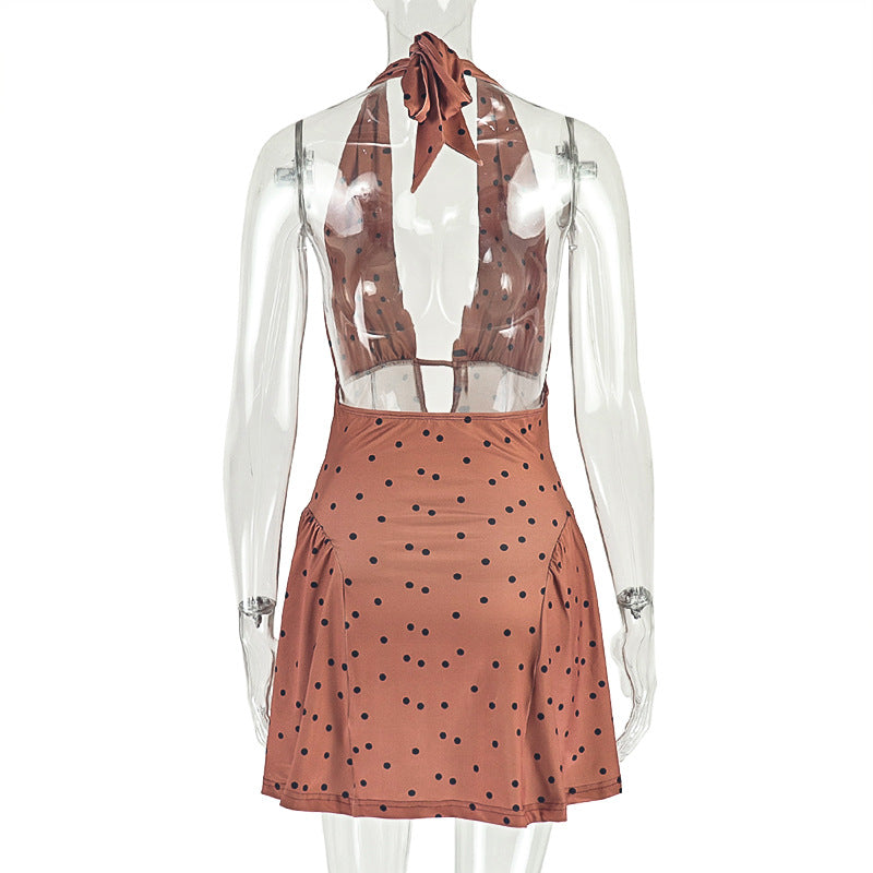 Print Polka Dot Women's Slim Waist Sexy A-Line Pleated Deep V-Neck Sleeveless Short Dress 8