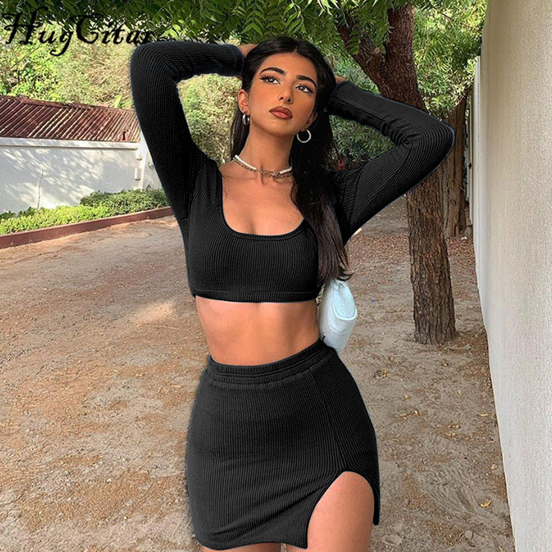 Fashion Women's Rib Long Sleeve Camisole Top Sexy Slit Tight-Fitting Bodycon Short Skirt Set 3