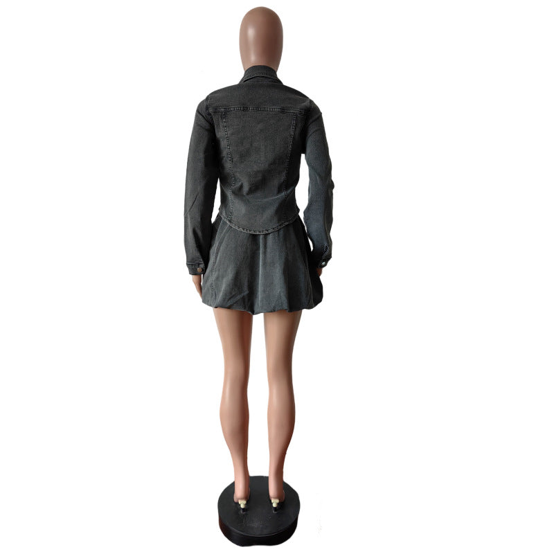 Slim Shirt Stretch Denim Skirt Women's Two Piece Set 7