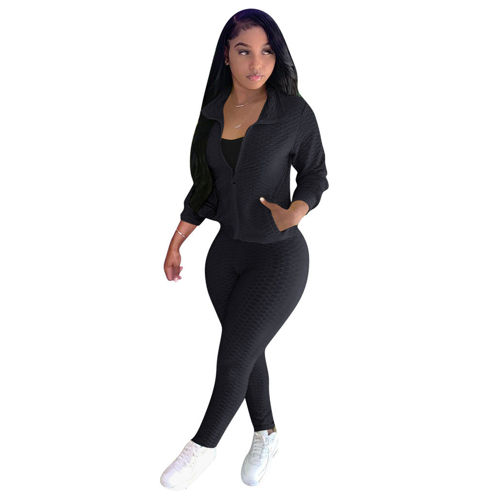 Women's Stand Collar Hoodless Jacquard High Stretch Fabric Long Sleeve Pant Set Two Piece 6