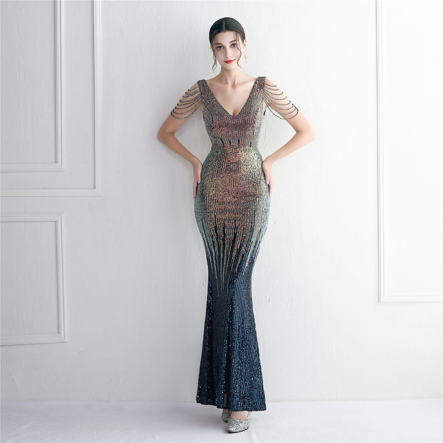 Mélange Sequin Beaded Evening Gown Long Formal Party Slim Evening Dress 8