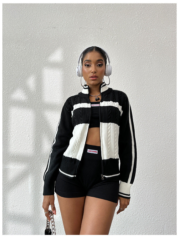 Women autumn and winter sports Casual black and white striped long sleeve sweater 7