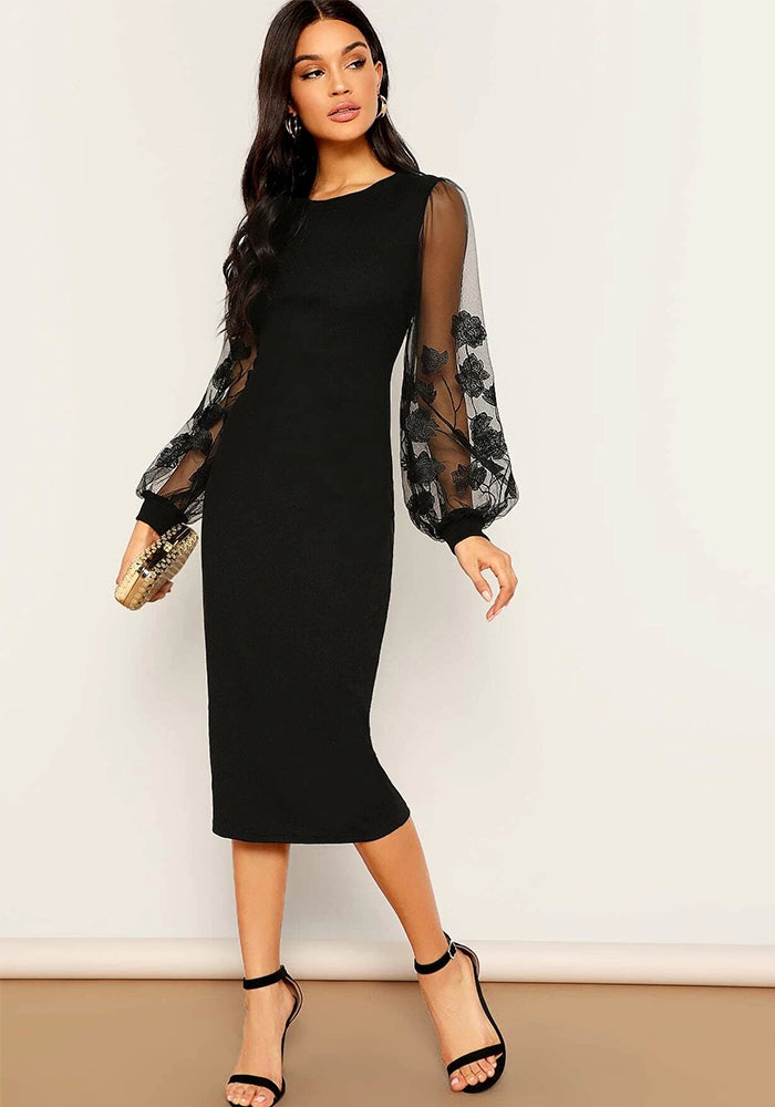 Elegant Mesh Lantern Sleeve Midi Dress