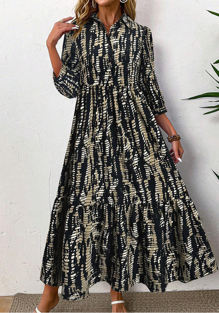 Printed Slim Waist Turndown Collar Long Sleeve Button Dress