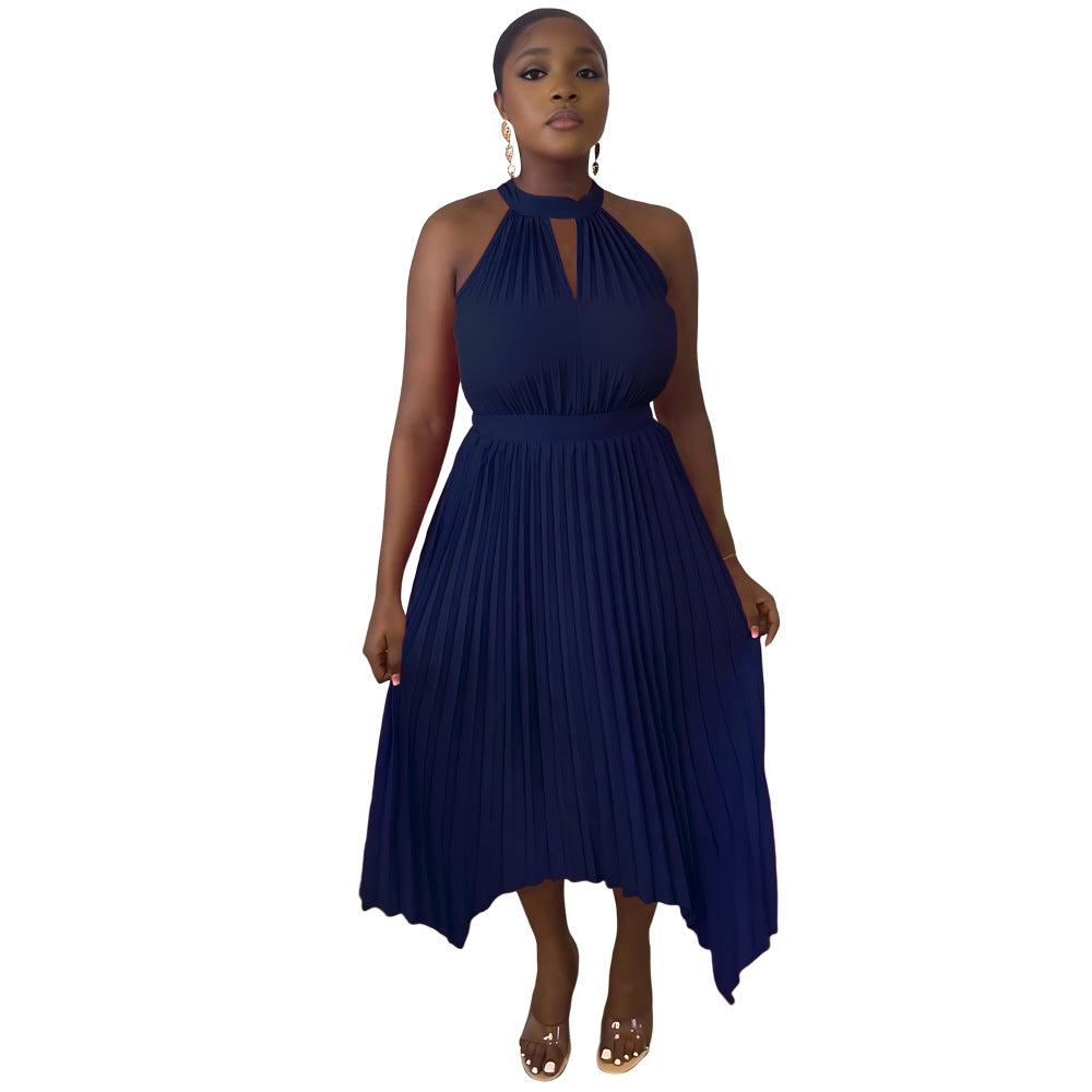Women Casual Sleeveless Clipped Pleated Halter Neck Dress 12