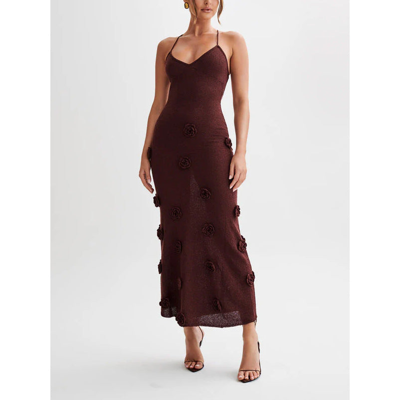 Women's Sexy Strap Knit Backless Flower Long Dress 3
