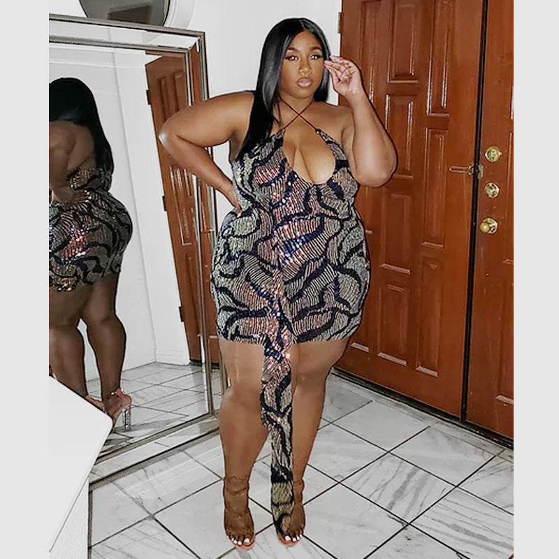 Women's Fashion Open Back Sexy Halter Neck Sequin Plus Size Dress 5