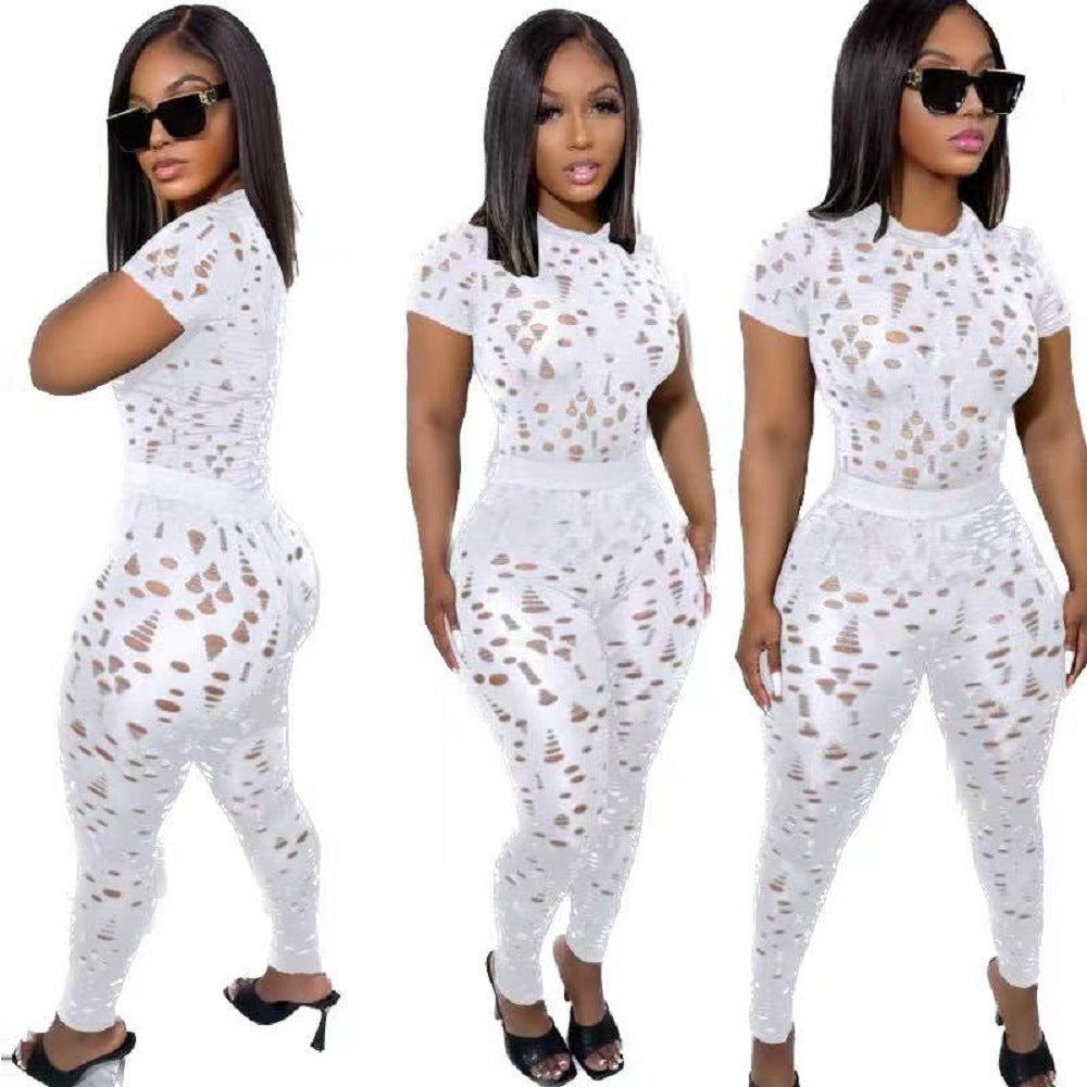 Women Stretch Ripped Round Neck Solid Top and Pant Two-Piece Set