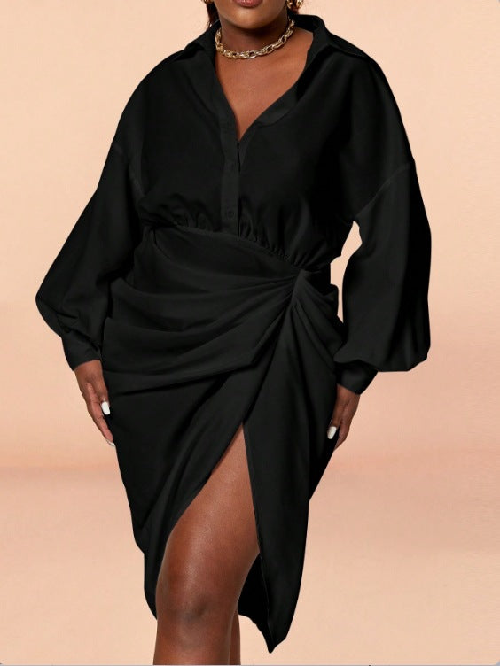 Plus Size Women White Lace-Up Irregular design pleated shirt long-sleeved dress 10