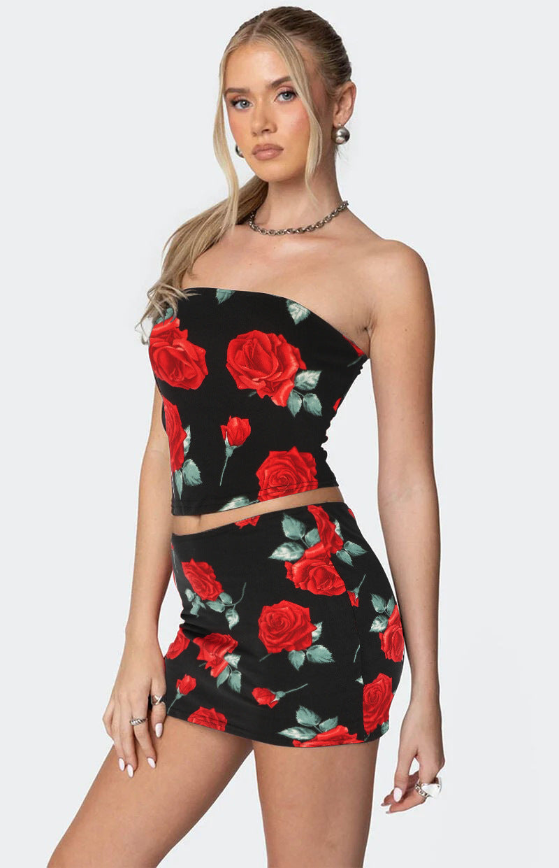 Summer Strapless Print Top Skirt Two-piece Set 9
