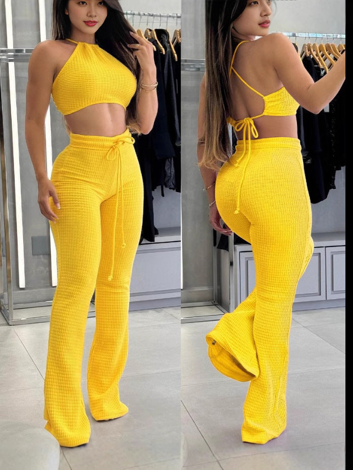 Women Waffle Knitting Sexy Suspender Casual Top Long Pants Two-Piece Set 6