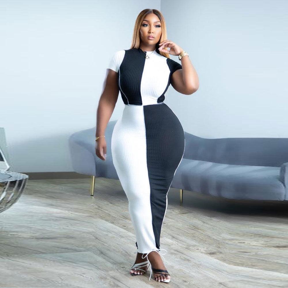 Plus Size Women Black and White Colorblock Short Sleeve Top+Skirt Two-piece Set 4