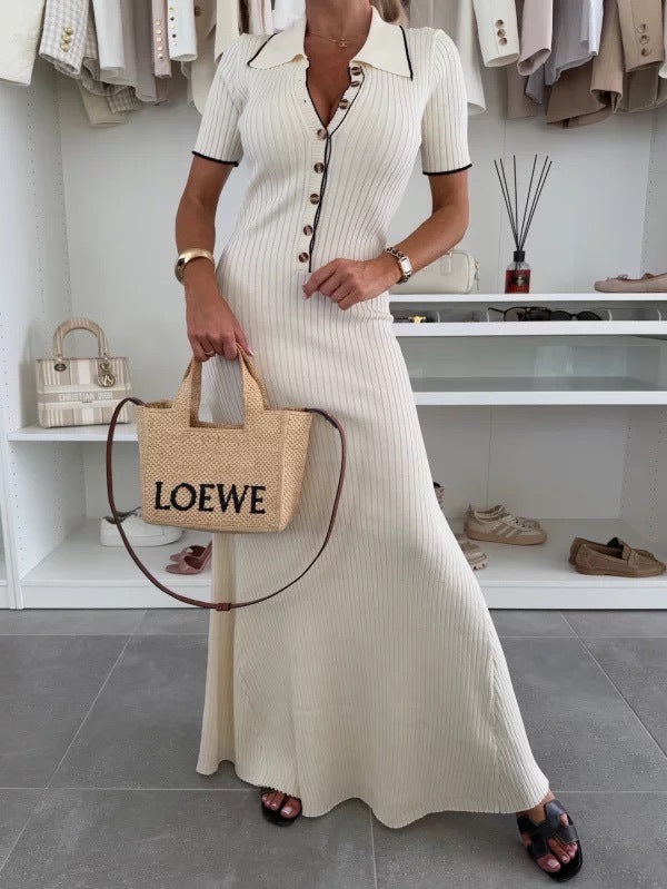 Women Turndown Collar Patchwork Contrast Bodycon Short Sleeve Knitting Dress 10